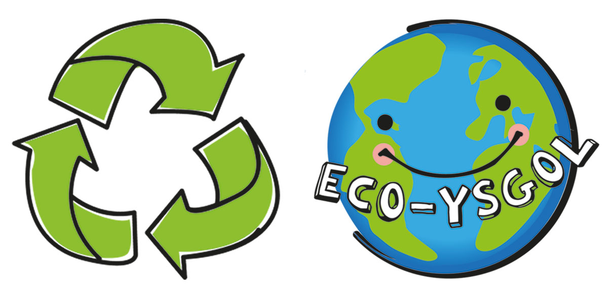 Cartwn logo Eco Ysgol ac ailgylchu